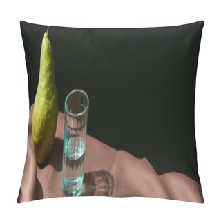 Personality Classic Still Life With Pear And Water In Glass On Table With Brown Tablecloth Isolated On Black, Panoramic Shot Pillow Covers