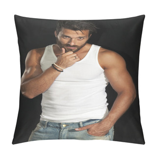 Personality  Super Athlete, Handsome Man In White T Shirt With Muscular Body Pillow Covers