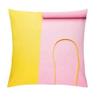 Personality  Top View Of Elastic Band On Pink Fitness Mat On Yellow Background Pillow Covers
