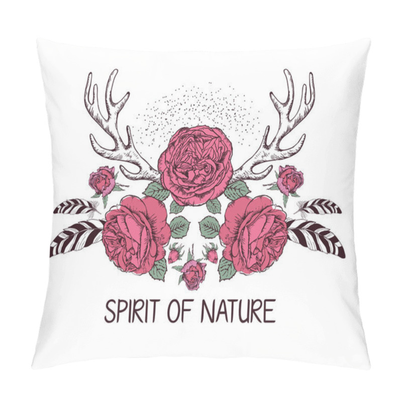 Personality  Hand drawn boho style design with rose flower, feathers and deer antlers . pillow covers