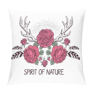Personality  Hand Drawn Boho Style Design With Rose Flower, Feathers And Deer Antlers . Pillow Covers