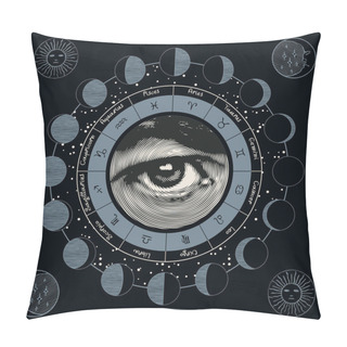Personality  Vector Circle Of Zodiac Signs With Human Human All-seeing Eye, Sun And And Moon Phases. Retro Banner With Horoscope Symbols For Astrological Forecasts. Pillow Covers