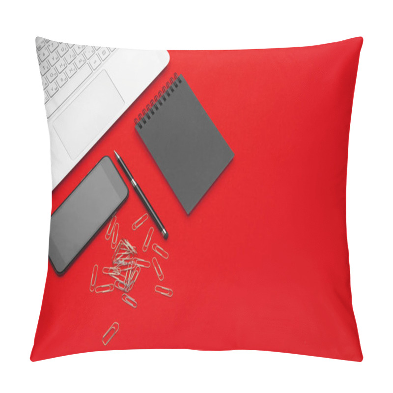 Personality  Styled Stock Photography Red Office Desk Table With Stationery And Office Supplies Pillow Covers