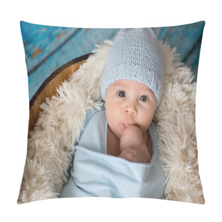 Personality  Little Baby Boy With Knitted Hat In A Basket, Happily Smiling And Looking At Camera, Isolated Studio Shot Pillow Covers