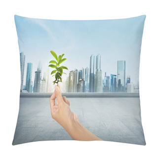 Personality Green Plant On Human Hand On Modern City Pillow Covers