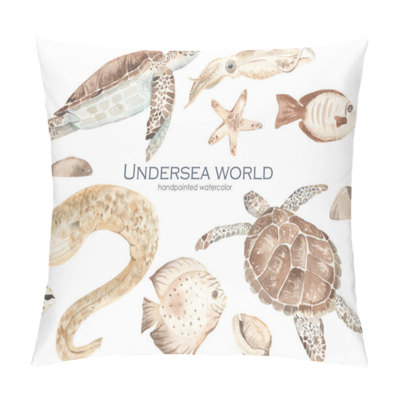 Personality  Watercolor set underwater world with sea turtle, fish, moray, starfish, seashells, squid pillow covers