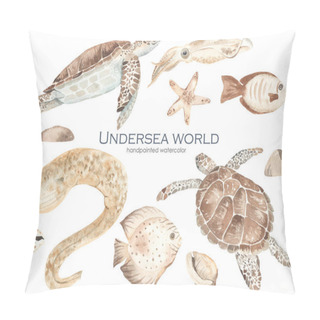 Personality  Watercolor Set Underwater World With Sea Turtle, Fish, Moray, Starfish, Seashells, Squid Pillow Covers