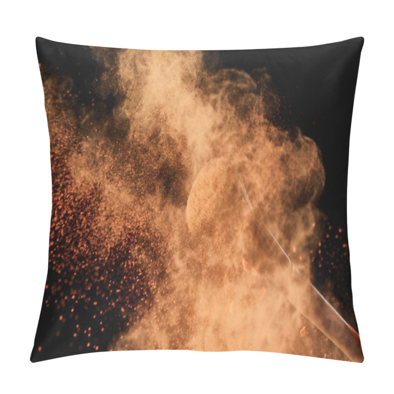 Personality  Cosmetic Brush With Colorful Orange Powder Explosion On Black Background Pillow Covers