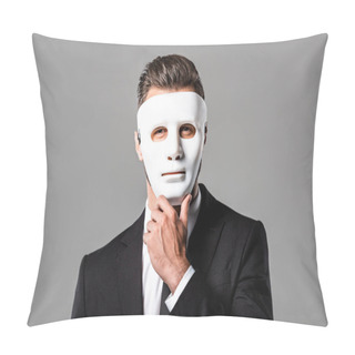 Personality  Mysterious Businessman In White Mask Isolated On Grey Pillow Covers