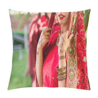 Personality  Cropped View Of Indian Bride In Sari And Headscarf Near Blurred Man On Background  Pillow Covers