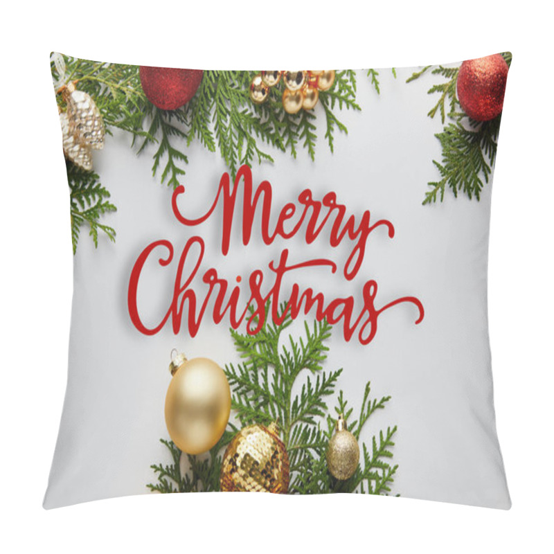 Personality  frame of shiny golden and red Christmas decoration on green thuja branches isolated on white with Merry Christmas illustration pillow covers