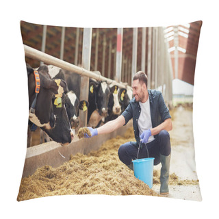 Personality  Man Feeding Cows With Hay In Cowshed On Dairy Farm Pillow Covers