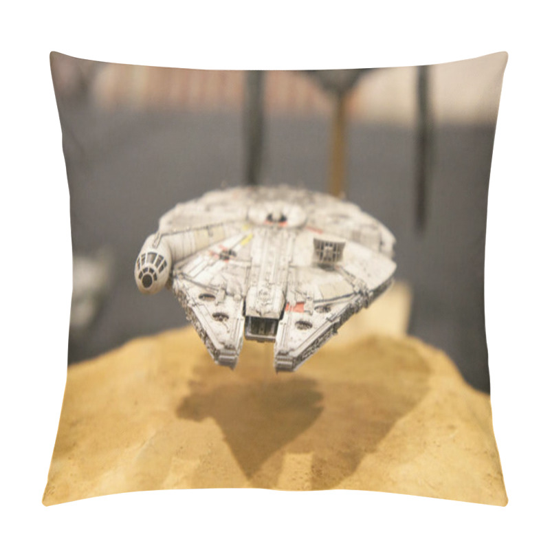 Personality  KUALA LUMPUR, MALAYSIA -NOVEMBER 3, 2018: Selected Focused Scale Model Of Millennium Falcon Space Ship From Star Wars Franchise Movies. The Model Displayed By The Collector For The Public.  Pillow Covers