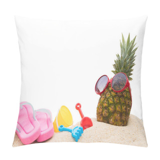 Personality  Natural Tropical Pineapple Wearing Sunglasses With Sandals And Beach Toys On The Sand Pillow Covers