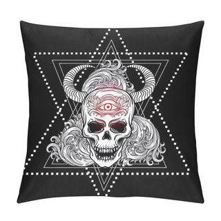 Personality  Skull With Bull Horns, Feathers And Third Eye. Sacred Geometry, Alchemy, Religion, Philosophy, Spirituality. Dotwork Blackwork Hipster Style Tattoo.Vector Artwork. Pillow Covers