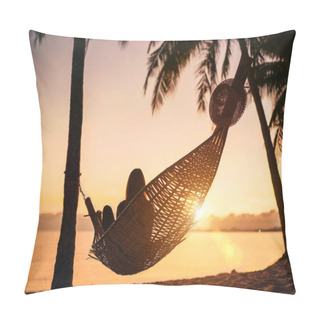 Personality  Young Woman Relaxing In Hammock Hinged Between Palm Trees On The Sand Beach At Orange Sunrise Morning Time Pillow Covers