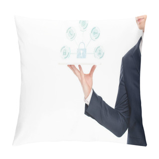 Personality  Cropped View Of Businessman Holding Digital Tablet With Internet Security Icons Above Pillow Covers
