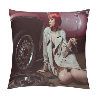 Personality  Beautiful Young Woman In Trench Coat Holding Wrench And Repairing Car Pillow Covers