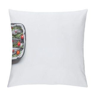 Personality  Elevated View Of Fish With Rosemary, Bay Leaves And Cherry Tomatoes In Tray With Baking Paper On White Table Pillow Covers