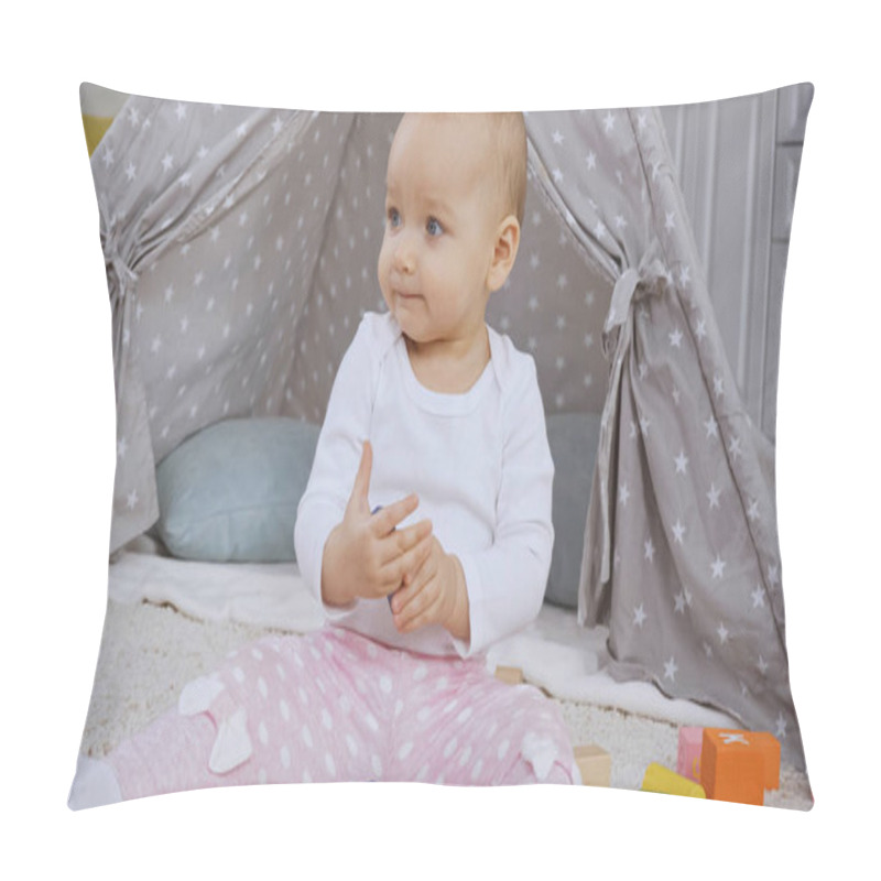 Personality  Cute Toddler Kid Sitting Near Multicolored Wooden Blocks On Carpet  Pillow Covers
