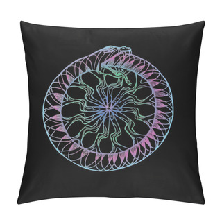 Personality  Neon Illustration Of A Uroboros Snake Eating Its Tail. Pattern, Idea For Tattoo. Pillow Covers