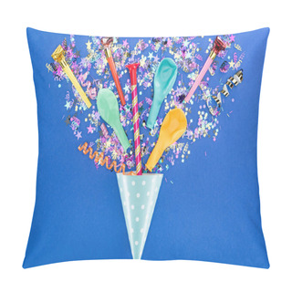 Personality  Top View Of Party Colorful Decoration On Blue Background, Surprise Concept Pillow Covers