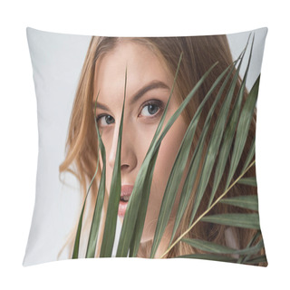 Personality  Attractive Girl Looking At Camera Through Palm Leaf On White  Pillow Covers