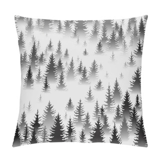 Personality  Fir Forest In Morning Fog. Coniferous Evergreen Trees On Square Background. Postcard, Poster Advertising Forest Recreation, Summer Camp, Tourism, Print. Abstract Vector Illustration Pillow Covers