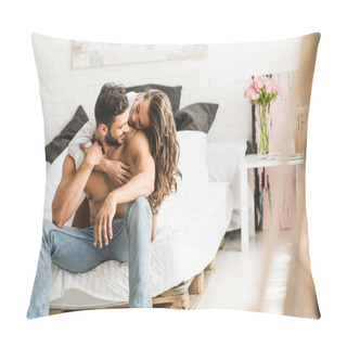 Personality  Young Couple Hugging While Sitting In Bed And Looking At Each Other Pillow Covers