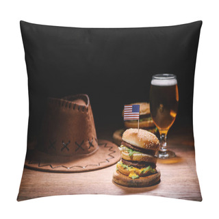 Personality  Delicious Burger On Wooden Table With American Cowboy Hat And Glass Of Beer Pillow Covers