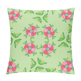 Personality  Vector, Seamless Geometric Pattern Of Mandala Composition Dark Pink Tulip And Green Leaves On Green Background. Two Directional Pattern For Bright Details On Your Summer Design Projects. Simple Pillow Covers