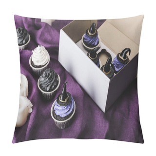 Personality  Tasty Halloween Cupcakes With Blue Cream And Decorative Witch Hats In Box Near Burning Candles On Purple Cloth Pillow Covers