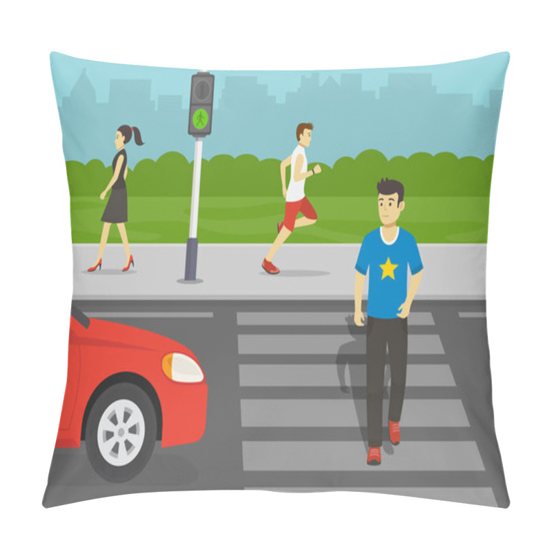 Personality  Young man crossing road on crosswalk with traffic lights. Look both ways before you cross the street. Flat vector illustration. pillow covers