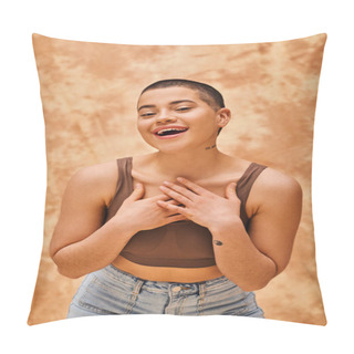 Personality  Self-esteem, Jeans Look, Curvy And Tattooed Woman In Casual Attire Standing On Mottled Beige Background, Confidence, Self-acceptance, Generation Z, Body Diversity, Pretty And Excited Pillow Covers