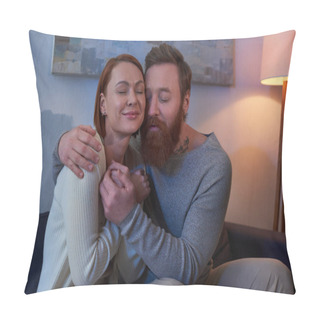 Personality  Quality Time, Couple Without Kids, Enjoying Time, Tattooed Couple Relaxing On Weekends, Husband And Wife, Bearded Man Hugging Redhead Woman, Cozy Living Room, Day Off, Home Environment  Pillow Covers