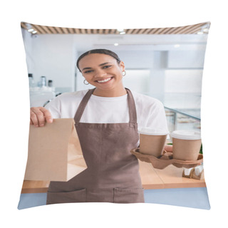 Personality  African American Seller Holding Takeaway Coffee And Paper Bag In Sweet Shop  Pillow Covers