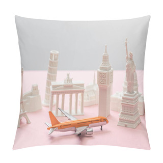 Personality  Toy Airplane Near Small Statuettes Of Different Countries On Grey And Pink  Pillow Covers