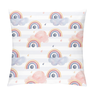 Personality  Cute Childish Wallpaper. Seamless Pattern With Rainbow And Clouds. Watercolor Background In Pastel Colors Pillow Covers
