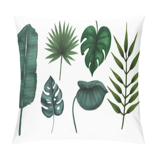 Personality  Set Of Hand Drawing Dark Green Tropical Leaves On White Background. Pillow Covers