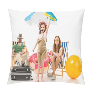 Personality  Father Sleeping In Sun Loungers While Daughter Standing With Water Gun Near Mother Isolated On White, Travel Concept Pillow Covers