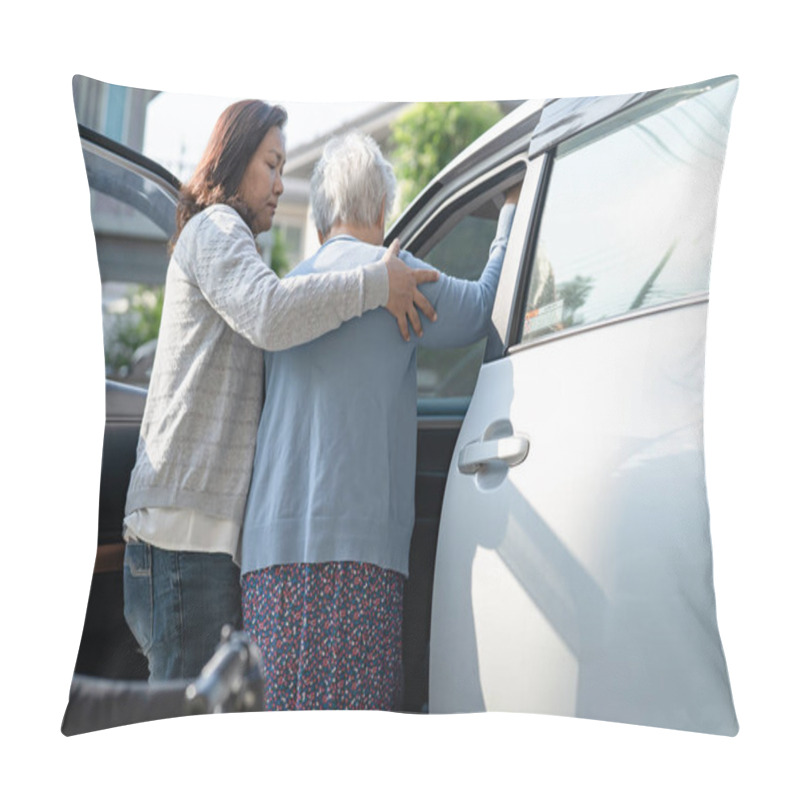 Personality  Asian Senior Or Elderly Old Lady Woman Patient Sitting On Wheelchair Prepare Get To Her Car, Healthy Strong Medical Concept. Pillow Covers