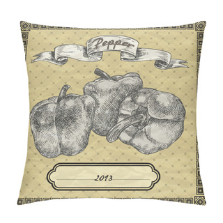 Personality  Vintage Banner With Sweet Bell Peppers (paprika). Vintage Style Vector Illustration Pillow Covers