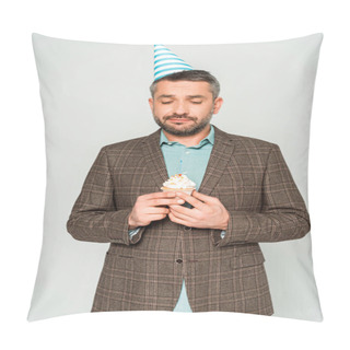 Personality  Offended Man In Party Cap Holding Birthday Cupcake Isolated On Grey Pillow Covers