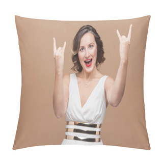 Personality  Handsome Woman Showing Rock And Roll Sign And Shouting On Brown Background  Pillow Covers