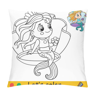 Personality  Cute Cartoon Princess Mermaid Sitting In The Seashell. Coloring Page And Colorful Template For Preschool And School Kids Education. Vector Illustration. For Design, T Shirt Print, Patch Or Sticker Pillow Covers