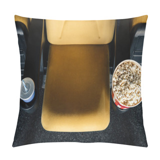 Personality  Top View Of Orange Cinema Seat With Paper Cups Of Soda And Popcorn In Cup Holders Pillow Covers