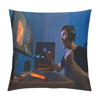 Personality  Cybersport Young Pro Gamer Happy With Winning The Game, Feel Exited, Show YES Hand Gesture, Celebrates Victory In Online Game Competition. Side View. Guy Playing Video Game At Home In His Room Pillow Covers