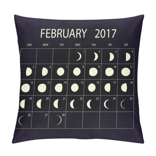 Personality  Moon Phases Calendar For 2017. February. Vector Illustration. Pillow Covers