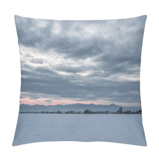 Personality  Landscape Of Carpathian Mountains Covered With Snow With Cloudy Sky And Trees At Dawn  Pillow Covers