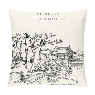 Personality  Gyeongju, South Korea, Asia. Donggung Palace And Wolji Pond (Anapji Pond). Hand Drawing. Travel Sketch. Vintage Touristic Postcard, Poster Or Book Illustration In Vector Pillow Covers